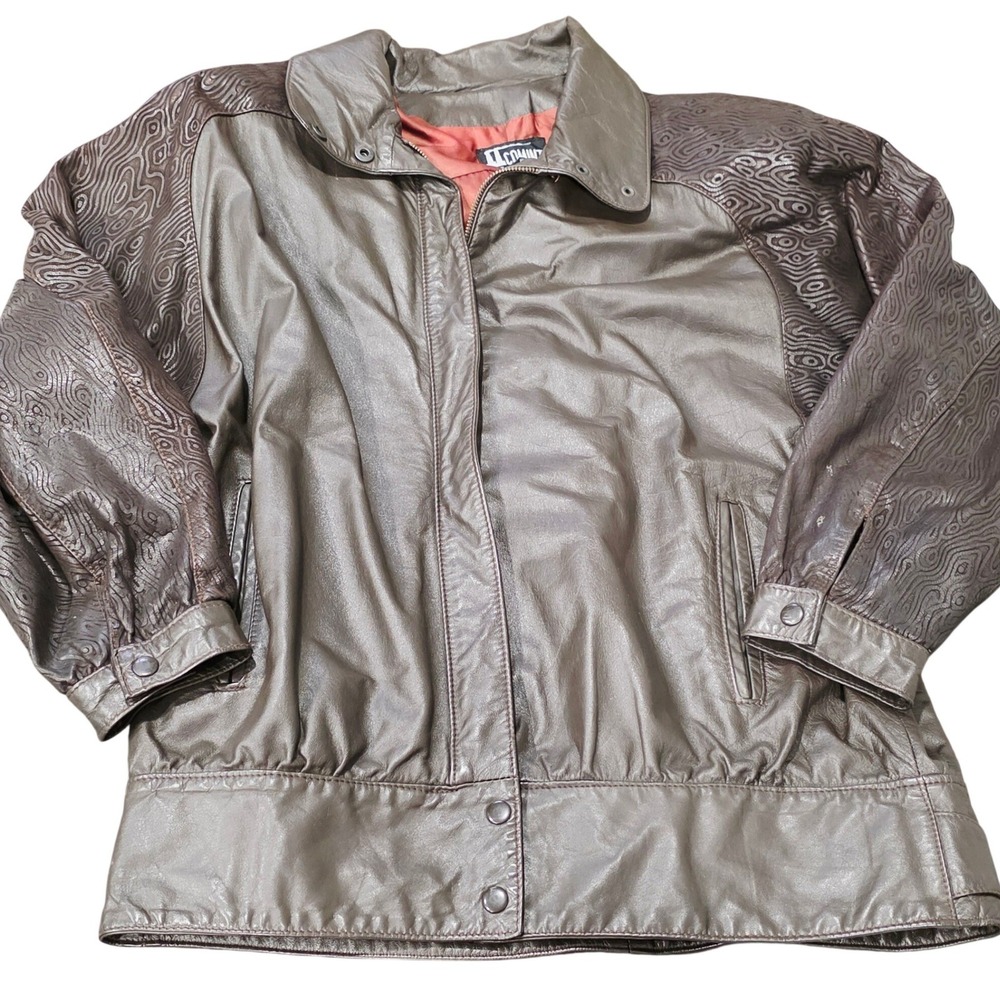 Vintage Comint Metallic‎ Patterned Leather Bomber Jacket Brown Size M
